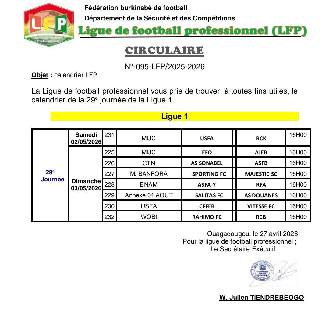 Le programme de la 29e journée du Faso foot ligue 1